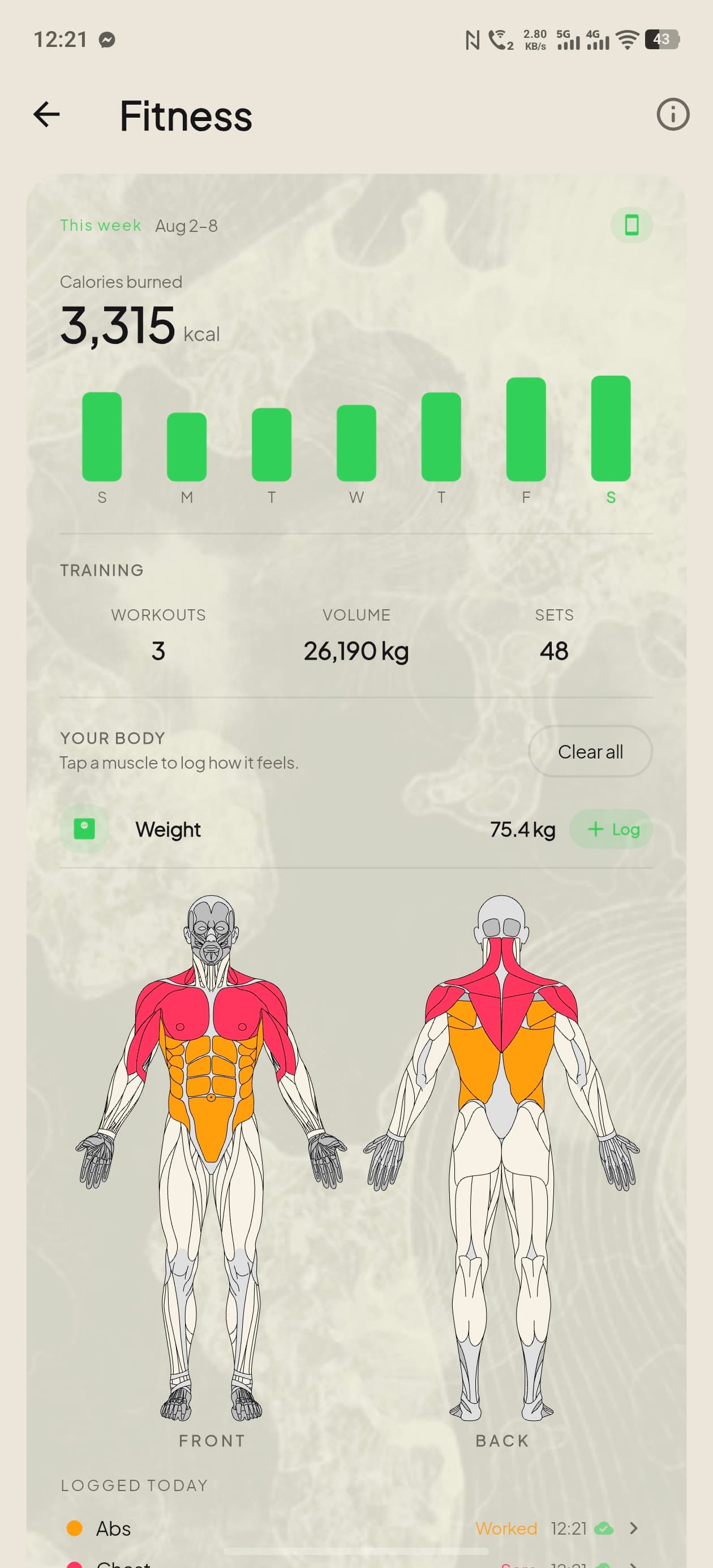The Fitness screen in ZuraLog, showing calories burned and training this week
