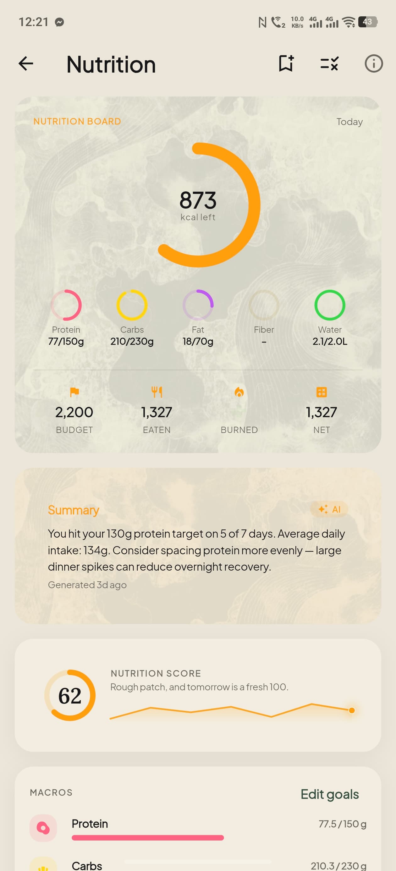 The Nutrition screen in ZuraLog, showing calories and macros for today