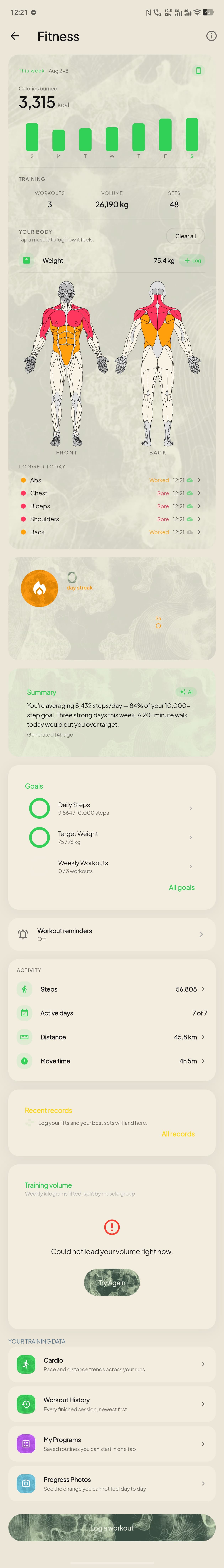 Scrolling through the full Fitness screen in ZuraLog