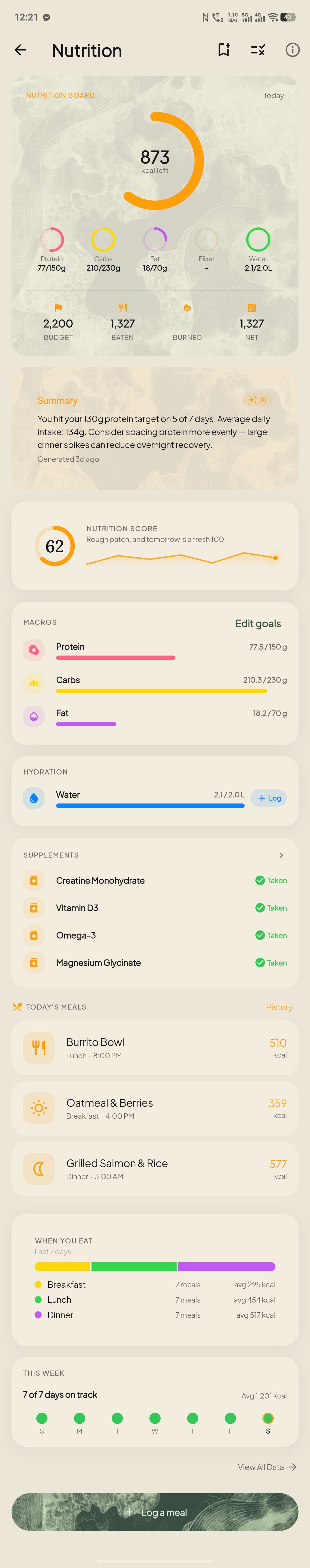 Scrolling through the full Nutrition screen in ZuraLog